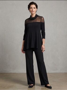 IC COLLECTION Black Sheer-Yoke Peplum Tunic
